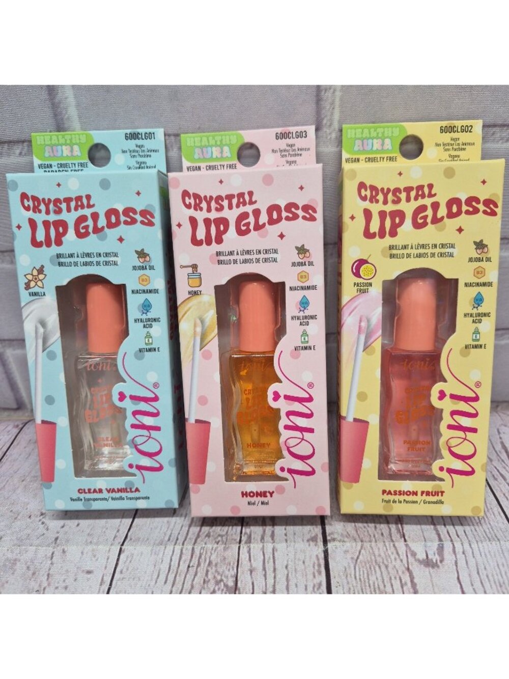 Lot Of 3~IONI Crystal Lip Gloss Set~Honey~Clear Vanilla~Passion Fruit High Shine